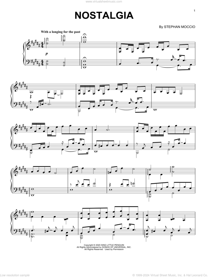 Nostalgia sheet music for piano solo by Stephan Moccio, intermediate skill level