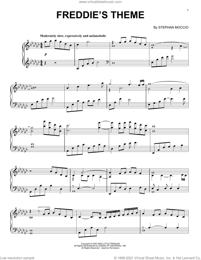 Freddie's Theme sheet music for piano solo by Stephan Moccio, intermediate skill level
