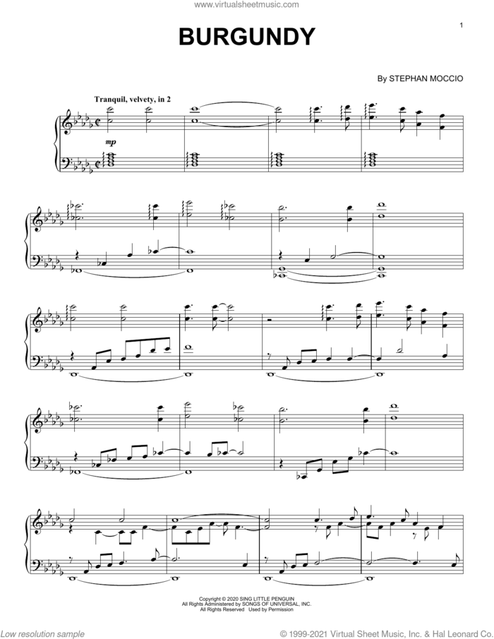 Burgundy sheet music for piano solo by Stephan Moccio, intermediate skill level