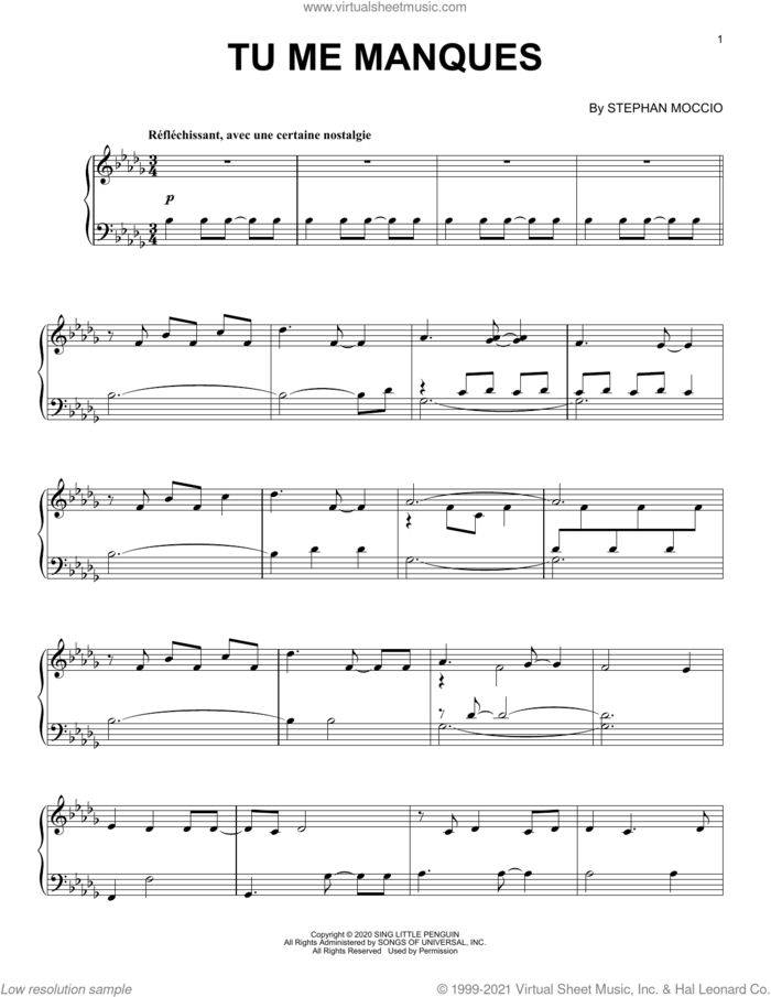 Tu Me Manques sheet music for piano solo by Stephan Moccio, intermediate skill level