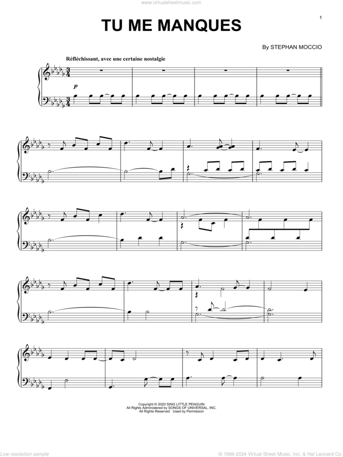 Tu Me Manques sheet music for piano solo by Stephan Moccio, intermediate skill level