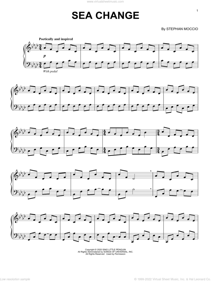 Sea Change, (intermediate) sheet music for piano solo by Stephan Moccio, intermediate skill level