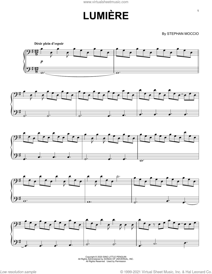 Lumiere sheet music for piano solo by Stephan Moccio, intermediate skill level