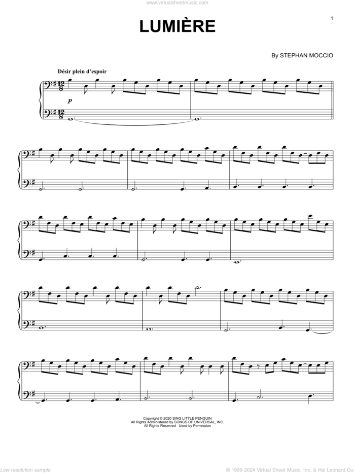 Lumiere sheet music for piano solo by Stephan Moccio, intermediate skill level