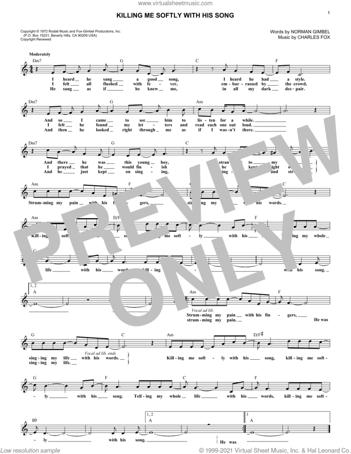 Killing Me Softly With His Song sheet music for voice and other instruments (fake book) by Roberta Flack, The Fugees, Charles Fox and Norman Gimbel, intermediate skill level