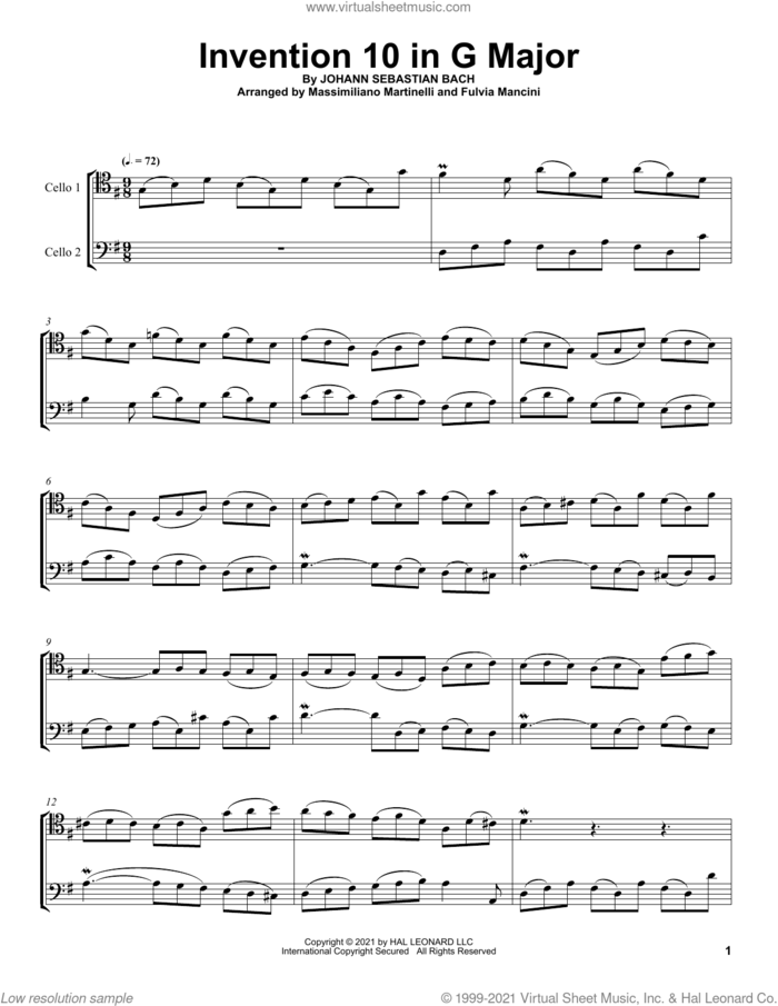 Invention 10 In G Major sheet music for two cellos (duet, duets) by Johann Sebastian Bach, Fulvia Mancini, Massimiliano Martinelli and Mr. & Mrs. Cello, classical score, intermediate skill level