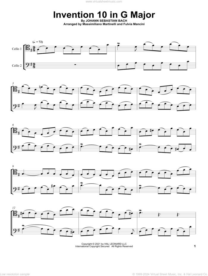 Invention 10 In G Major sheet music for two cellos (duet, duets) by Johann Sebastian Bach, Fulvia Mancini, Massimiliano Martinelli and Mr. & Mrs. Cello, classical score, intermediate skill level