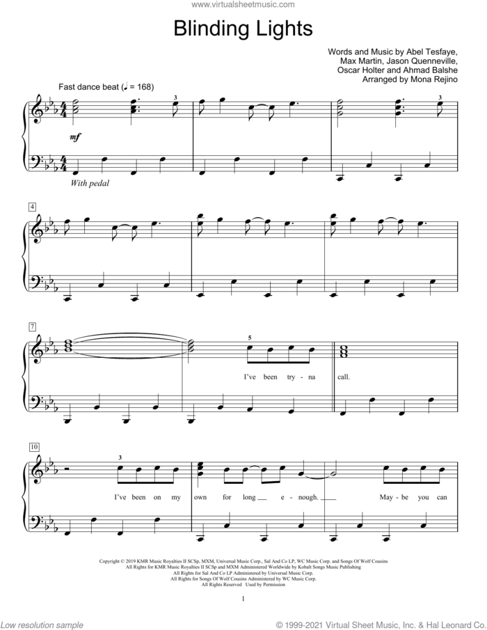 Blinding Lights (arr. Mona Rejino) sheet music for piano solo (elementary) by The Weeknd, Mona Rejino, Abel Tesfaye, Ahmad Balshe, Jason Quenneville, Max Martin and Oscar Holter, beginner piano (elementary)