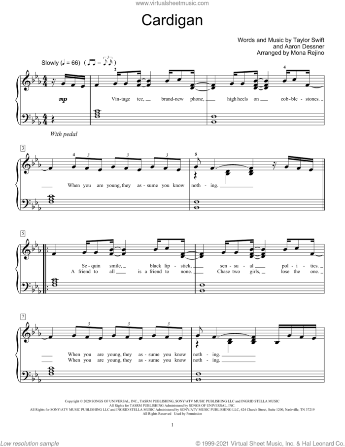 cardigan (arr. Mona Rejino) sheet music for piano solo (elementary) by Taylor Swift, Mona Rejino and Aaron Dessner, beginner piano (elementary)