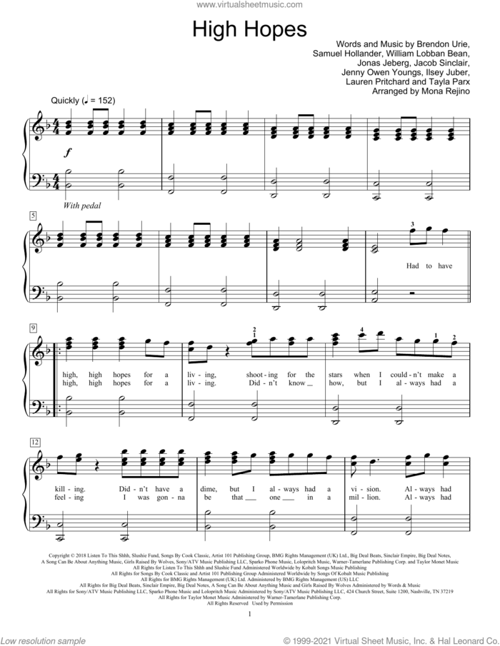 High Hopes (arr. Mona Rejino) sheet music for piano solo (elementary) by Panic! At The Disco, Mona Rejino, Brendon Urie, Ilsey Juber, Jacob Sinclair, Jenny Owen Youngs, Jonas Jeberg, Lauren Pritchard, Sam Hollander, Tayla Parx and William Lobban Bean, beginner piano (elementary)