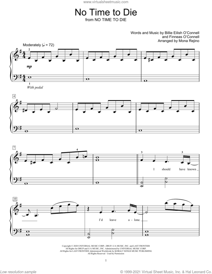 No Time To Die (arr. Mona Rejino) sheet music for piano solo (elementary) by Billie Eilish and Mona Rejino, beginner piano (elementary)