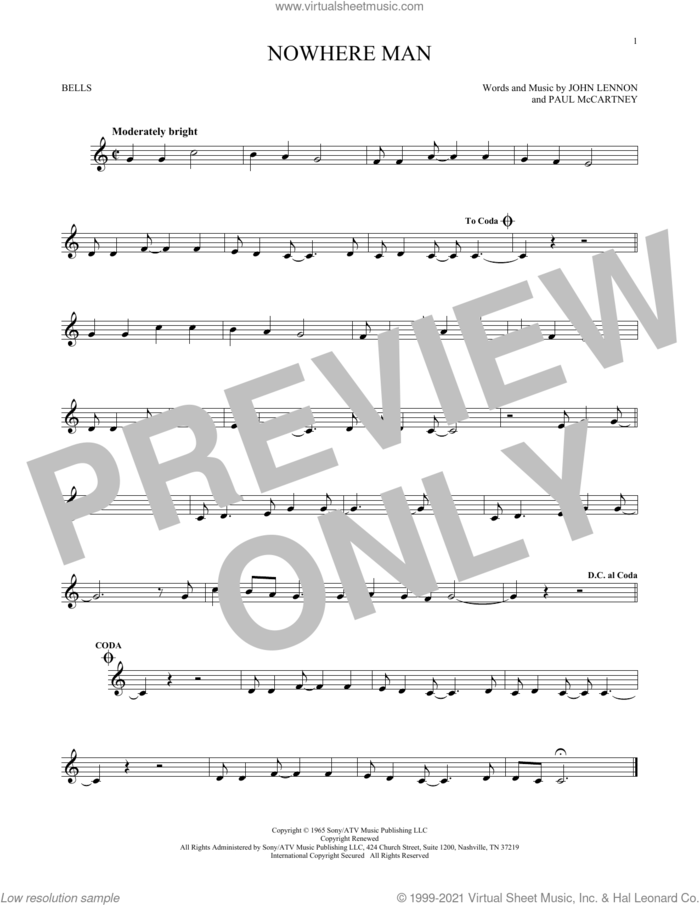 Nowhere Man sheet music for Hand Bells Solo (bell solo) by The Beatles, John Lennon and Paul McCartney, intermediate Hand Bells Solo (bell)