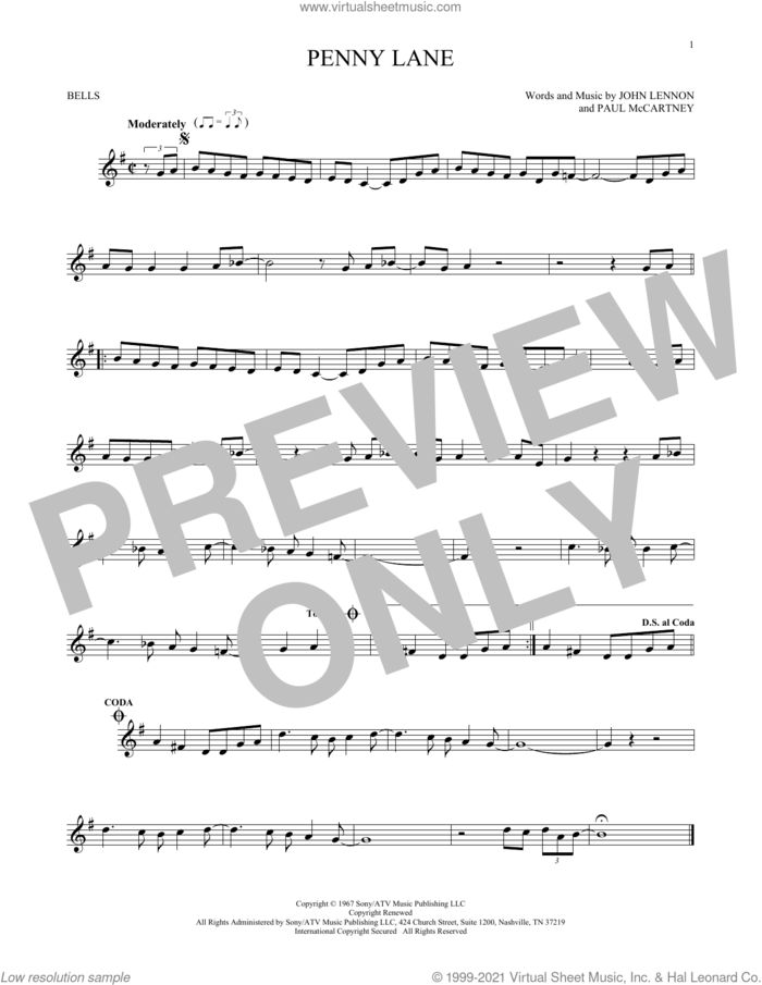 Penny Lane sheet music for Hand Bells Solo (bell solo) by The Beatles, John Lennon and Paul McCartney, intermediate Hand Bells Solo (bell)