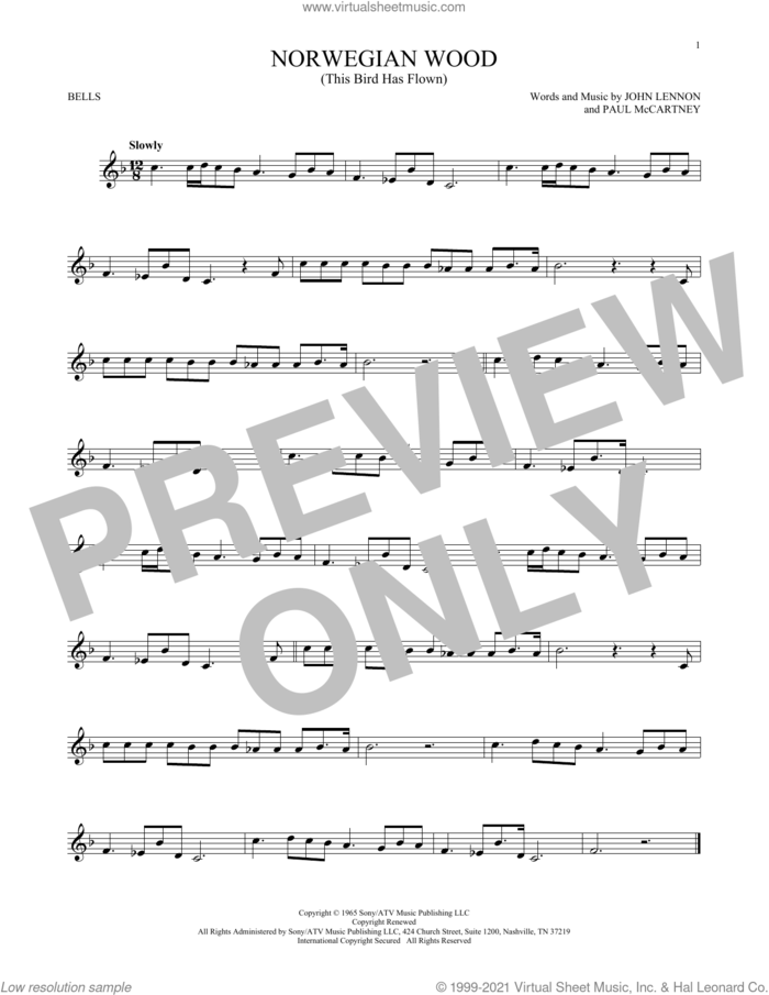 Norwegian Wood (This Bird Has Flown) sheet music for Hand Bells Solo (bell solo) by The Beatles, John Lennon and Paul McCartney, intermediate Hand Bells Solo (bell)