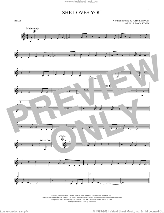 She Loves You sheet music for Hand Bells Solo (bell solo) by The Beatles, John Lennon and Paul McCartney, intermediate Hand Bells Solo (bell)