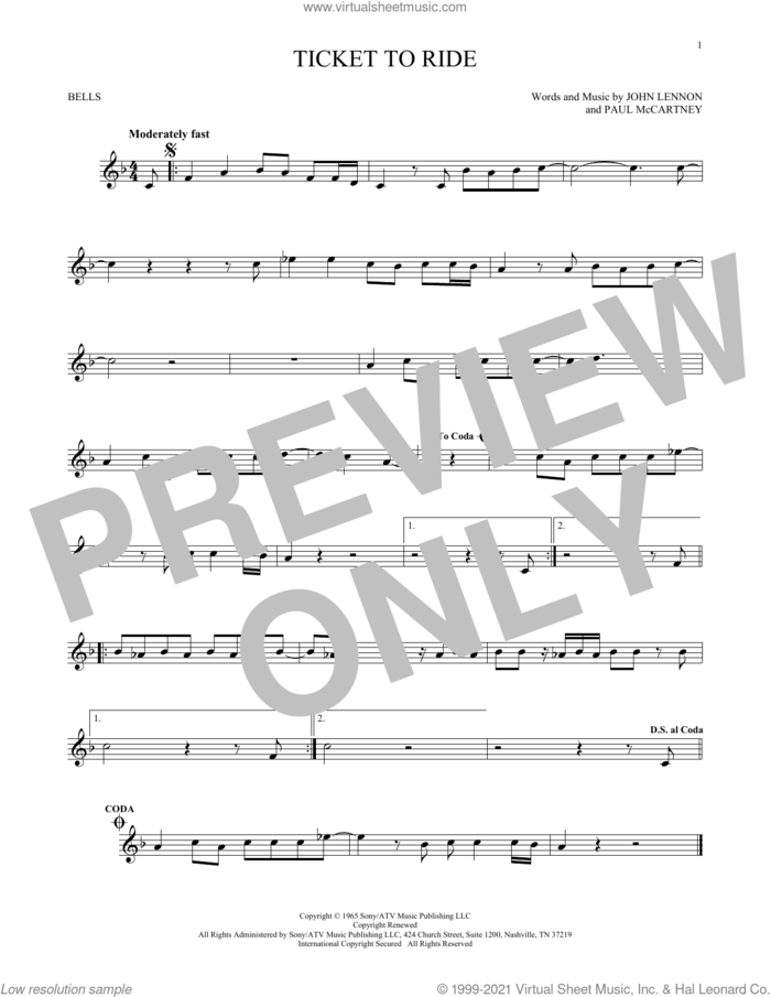 Ticket To Ride sheet music for Hand Bells Solo (bell solo) by The Beatles, John Lennon and Paul McCartney, intermediate Hand Bells Solo (bell)