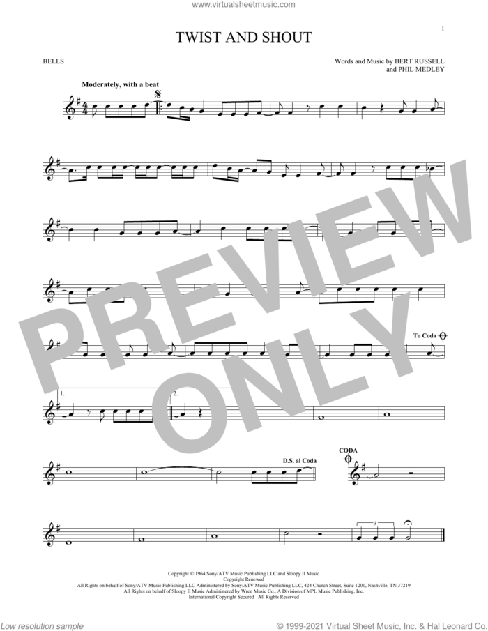 Twist And Shout sheet music for Hand Bells Solo (bell solo) by The Beatles, Bert Russell and Phil Medley, intermediate Hand Bells Solo (bell)