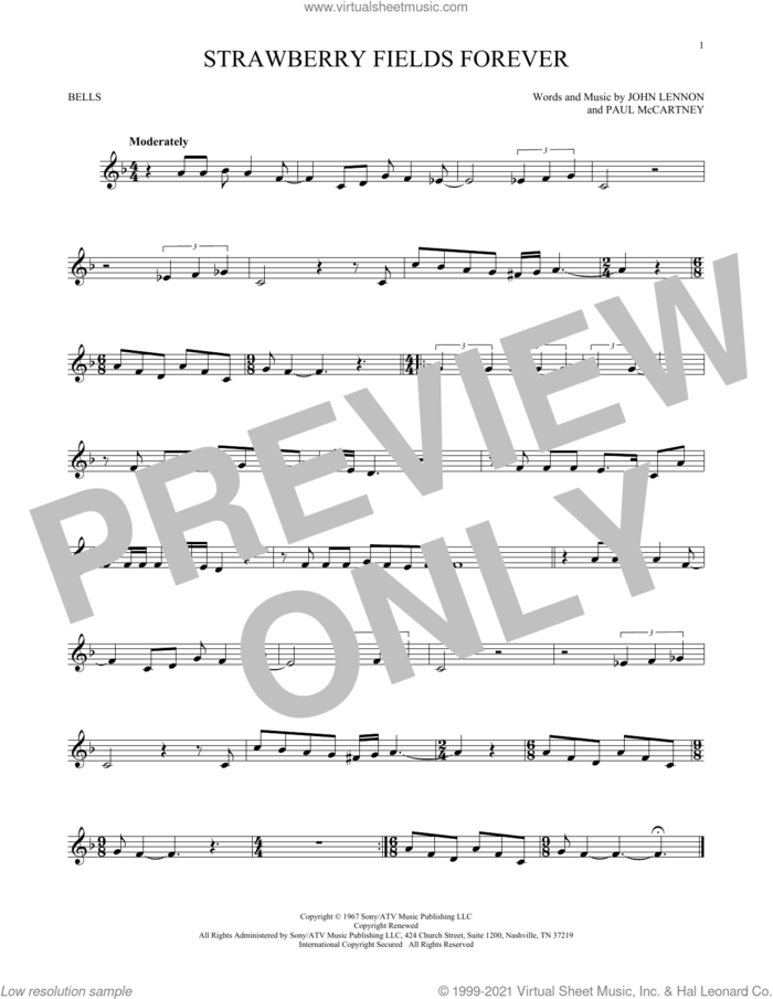 Strawberry Fields Forever sheet music for Hand Bells Solo (bell solo) by The Beatles, John Lennon and Paul McCartney, intermediate Hand Bells Solo (bell)