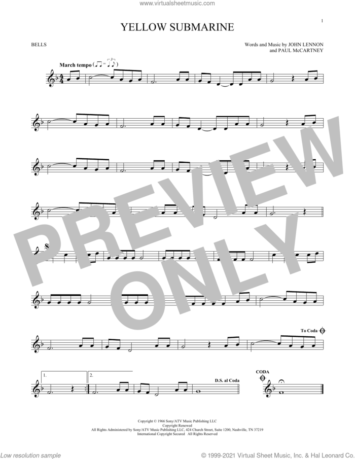 Yellow Submarine sheet music for Hand Bells Solo (bell solo) by The Beatles, John Lennon and Paul McCartney, intermediate Hand Bells Solo (bell)