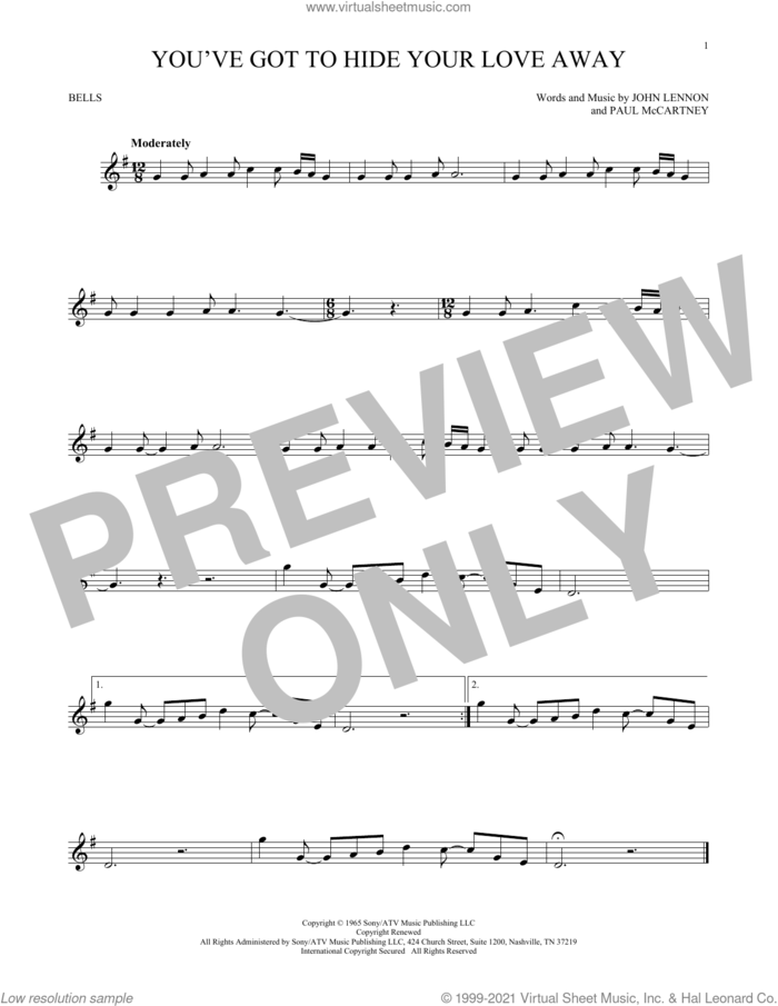 You've Got To Hide Your Love Away sheet music for Hand Bells Solo (bell solo) by The Beatles, John Lennon and Paul McCartney, intermediate Hand Bells Solo (bell)