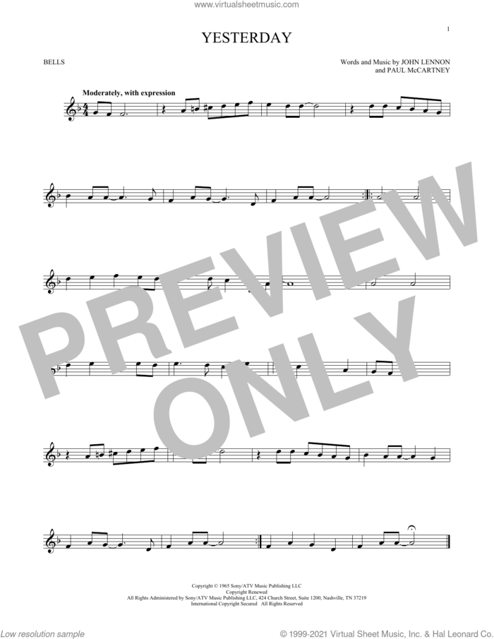 Yesterday sheet music for Hand Bells Solo (bell solo) by The Beatles, John Lennon and Paul McCartney, intermediate Hand Bells Solo (bell)