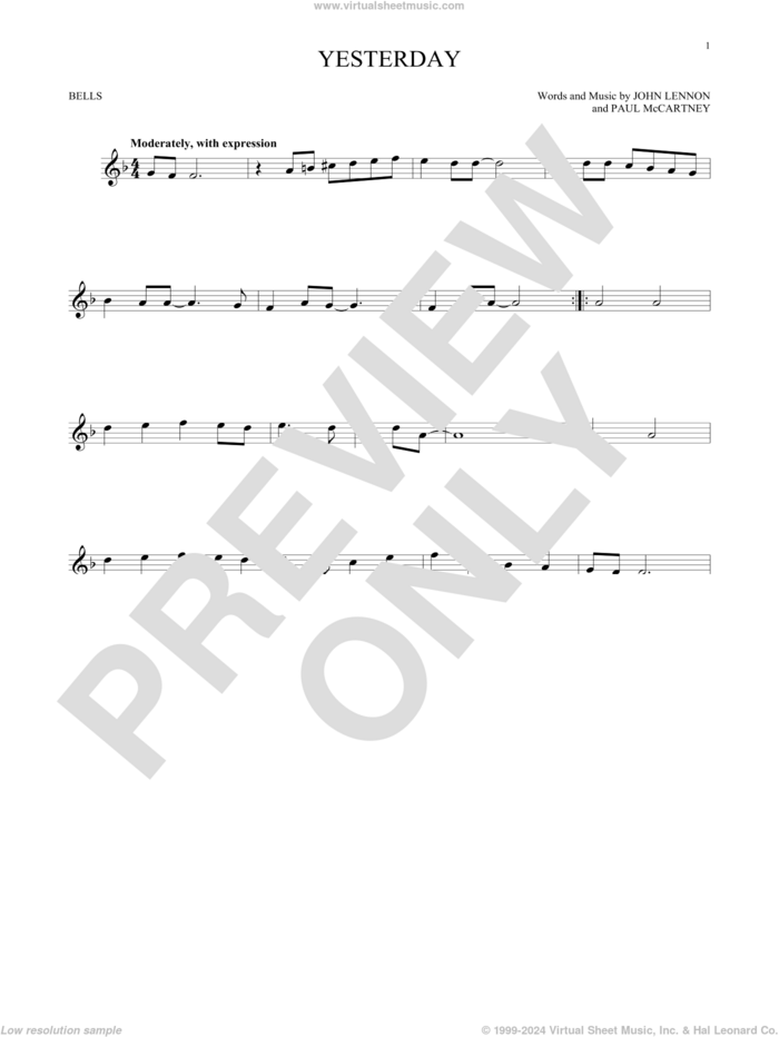 Yesterday sheet music for Hand Bells Solo (bell solo) by The Beatles, John Lennon and Paul McCartney, intermediate Hand Bells Solo (bell)