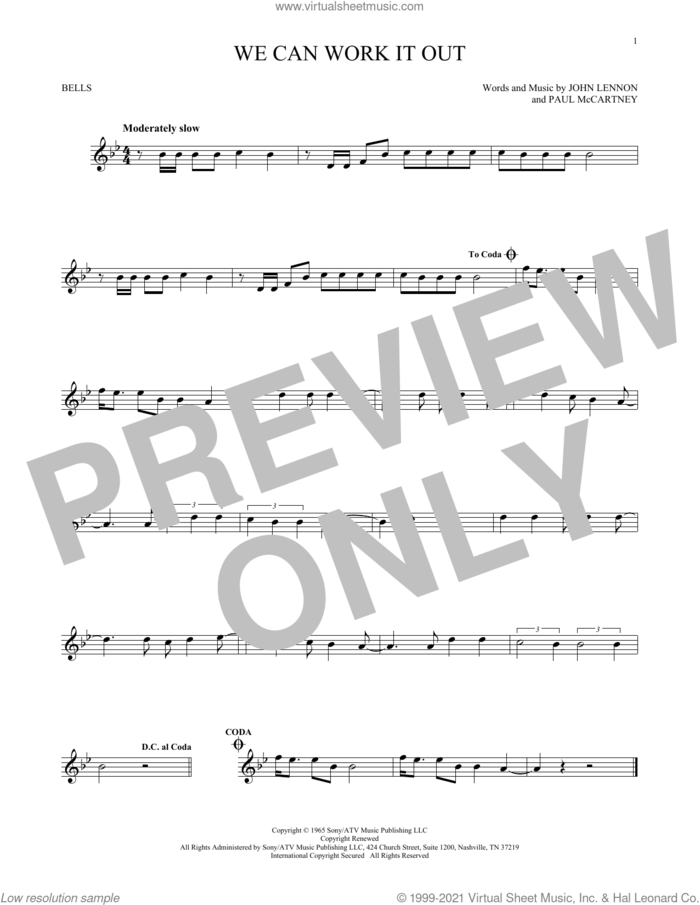 We Can Work It Out sheet music for Hand Bells Solo (bell solo) by The Beatles, John Lennon and Paul McCartney, intermediate Hand Bells Solo (bell)
