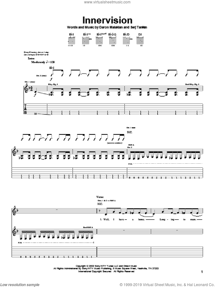 Innervision sheet music for guitar (tablature) by System Of A Down, Daron Malakian and Serj Tankian, intermediate skill level