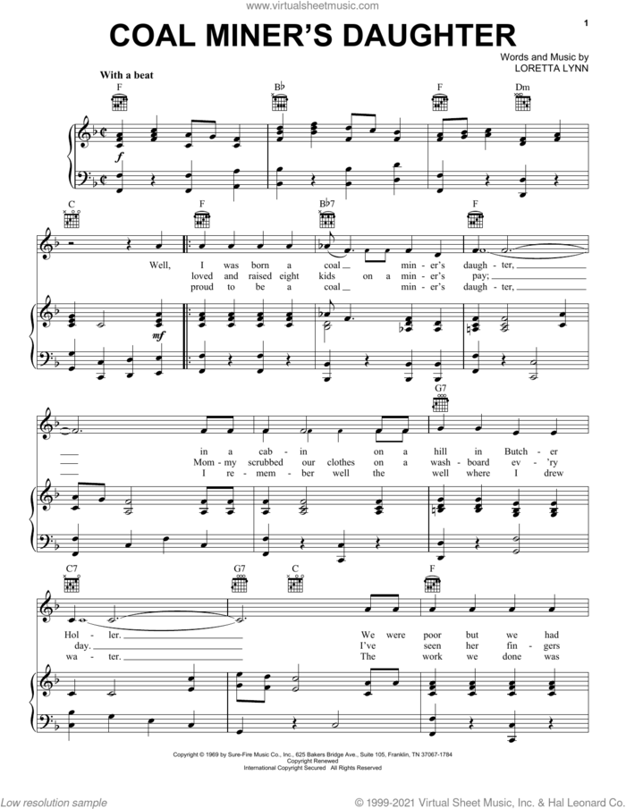 Coal Miner's Daughter sheet music for voice, piano or guitar by Loretta Lynn, intermediate skill level