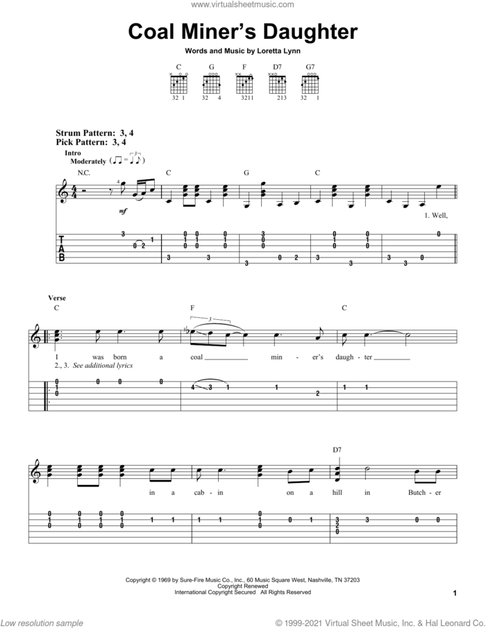 Coal Miner's Daughter sheet music for guitar solo (easy tablature) by Loretta Lynn, easy guitar (easy tablature)