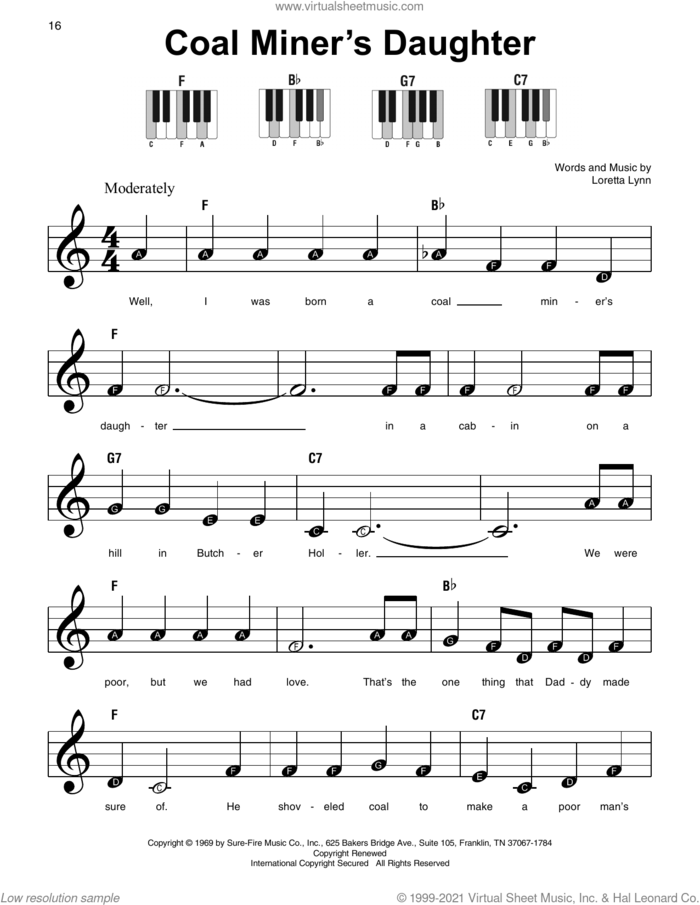 Coal Miner's Daughter sheet music for piano solo by Loretta Lynn, beginner skill level