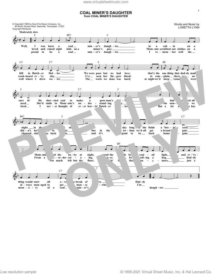 Coal Miner's Daughter sheet music for voice and other instruments (fake book) by Loretta Lynn, intermediate skill level