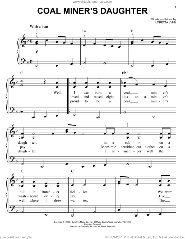 Coal Miner's Daughter sheet music for piano solo by Loretta Lynn, easy skill level