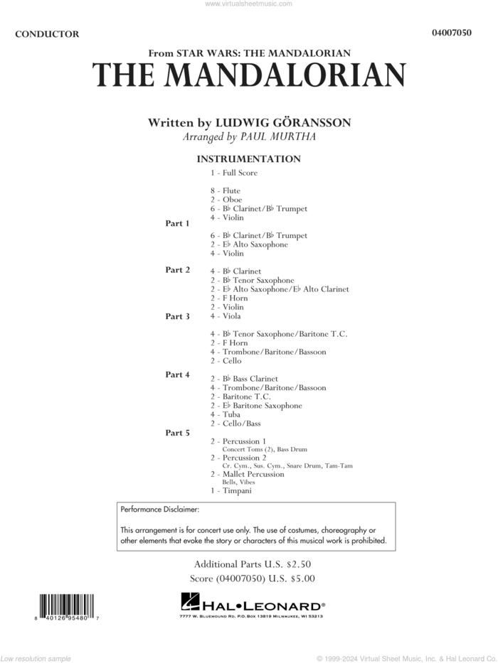 The Mandalorian (from Star Wars: The Mandalorian) (arr Paul Murtha) sheet music for concert band (full score) by Ludwig Göransson and Paul Murtha, intermediate skill level