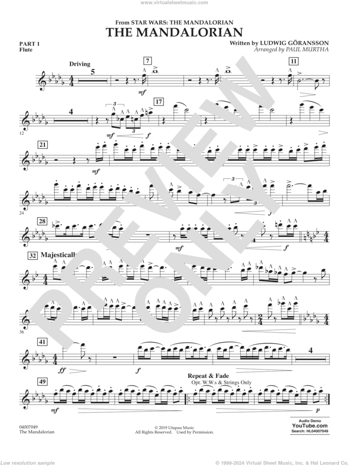 The Mandalorian (from Star Wars: The Mandalorian) (arr Paul Murtha) sheet music for concert band (pt.1 - flute) by Ludwig Göransson and Paul Murtha, intermediate skill level