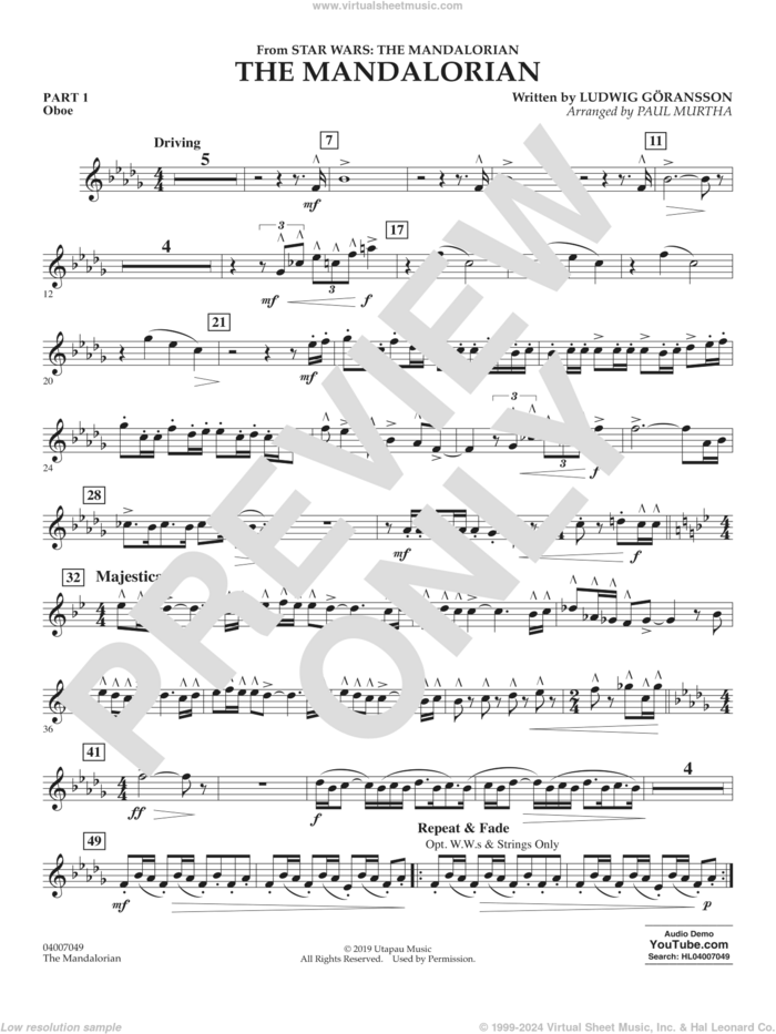 The Mandalorian (from Star Wars: The Mandalorian) (arr Paul Murtha) sheet music for concert band (pt.1 - oboe) by Ludwig Göransson and Paul Murtha, intermediate skill level