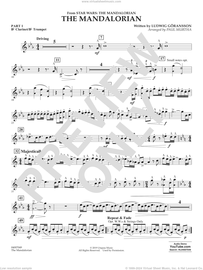 The Mandalorian (from Star Wars: The Mandalorian) (arr Paul Murtha) sheet music for concert band (Bb clarinet/bb trumpet) by Ludwig Göransson and Paul Murtha, intermediate skill level
