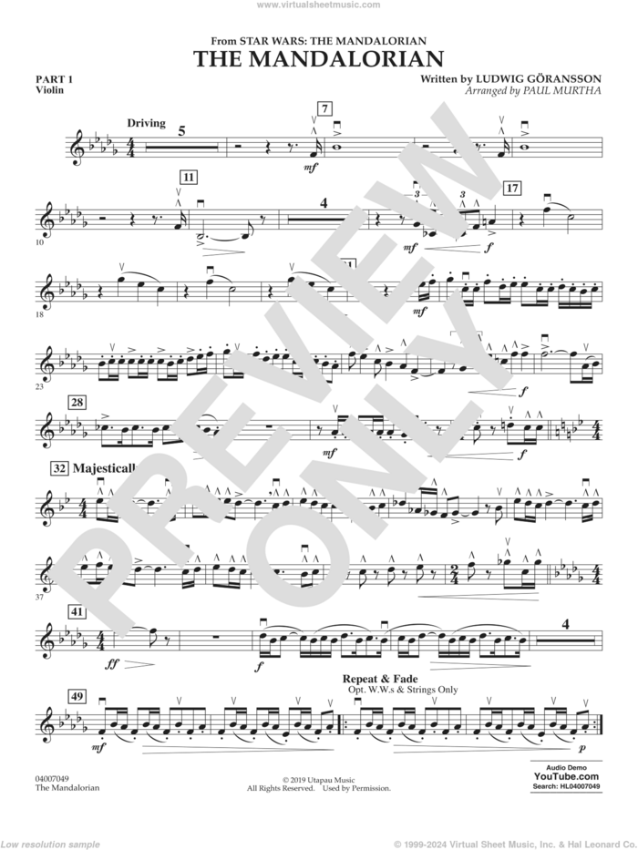 The Mandalorian (from Star Wars: The Mandalorian) (arr Paul Murtha) sheet music for concert band (pt.1 - violin) by Ludwig Göransson and Paul Murtha, intermediate skill level