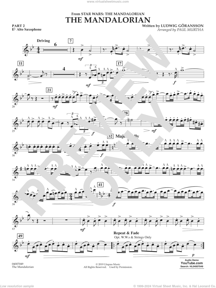 The Mandalorian (from Star Wars: The Mandalorian) (arr Paul Murtha) sheet music for concert band (pt.2 - Eb alto saxophone) by Ludwig Göransson and Paul Murtha, intermediate skill level