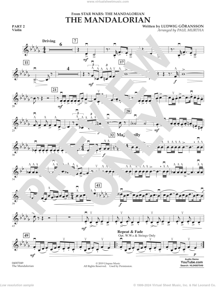 The Mandalorian (from Star Wars: The Mandalorian) (arr Paul Murtha) sheet music for concert band (pt.2 - violin) by Ludwig Göransson and Paul Murtha, intermediate skill level