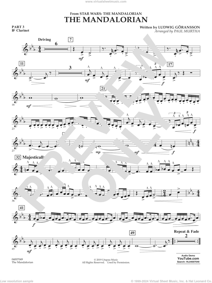 The Mandalorian (from Star Wars: The Mandalorian) (arr Paul Murtha) sheet music for concert band (pt.3 - Bb clarinet) by Ludwig Göransson and Paul Murtha, intermediate skill level