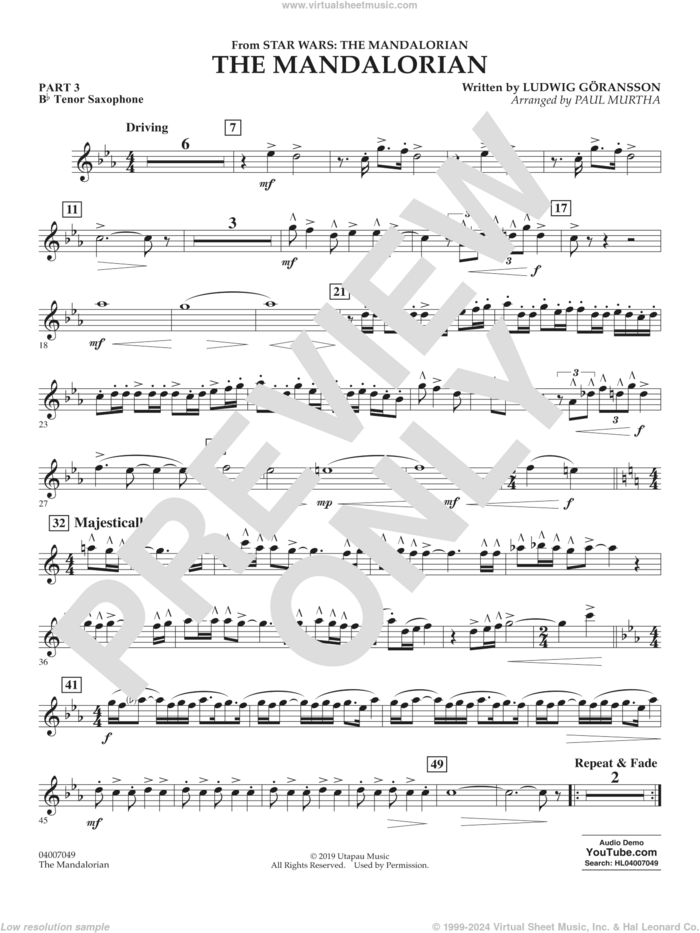 The Mandalorian (from Star Wars: The Mandalorian) (arr Paul Murtha) sheet music for concert band (pt.3 - Bb tenor saxophone) by Ludwig Göransson and Paul Murtha, intermediate skill level