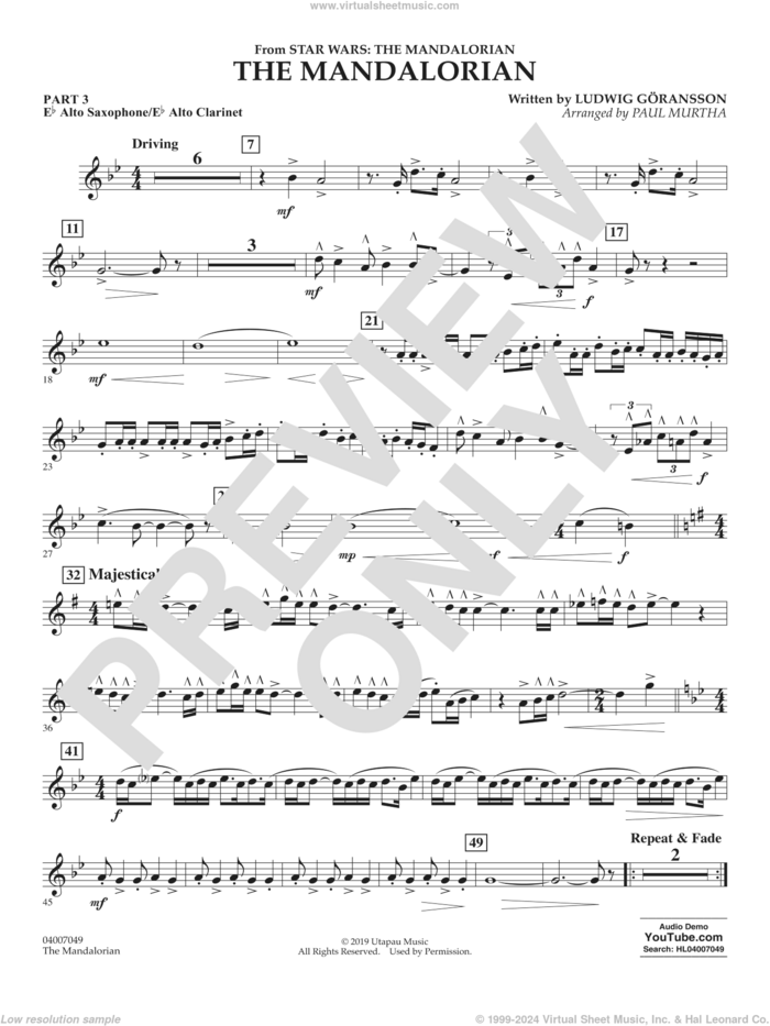 The Mandalorian (from Star Wars: The Mandalorian) (arr Paul Murtha) sheet music for concert band (Eb alto sax/alto clar.) by Ludwig Göransson and Paul Murtha, intermediate skill level