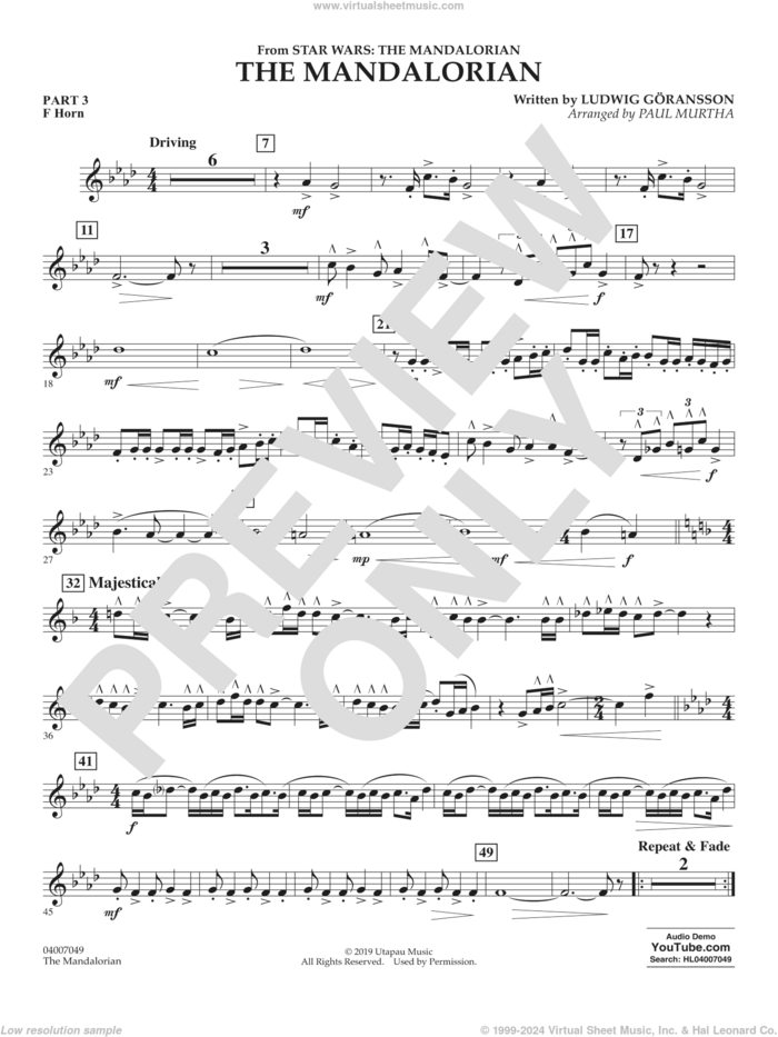 The Mandalorian (from Star Wars: The Mandalorian) (arr Paul Murtha) sheet music for concert band (pt.3 - f horn) by Ludwig Göransson and Paul Murtha, intermediate skill level