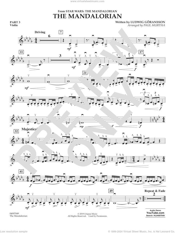 The Mandalorian (from Star Wars: The Mandalorian) (arr Paul Murtha) sheet music for concert band (pt.3 - violin) by Ludwig Göransson and Paul Murtha, intermediate skill level