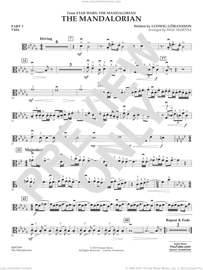 The Mandalorian (from Star Wars: The Mandalorian) (arr Paul Murtha) sheet music for concert band (pt.3 - viola) by Ludwig Göransson and Paul Murtha, intermediate skill level