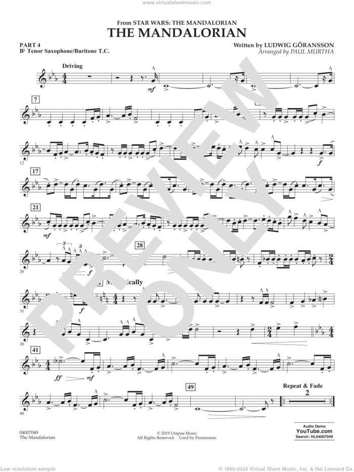 The Mandalorian (from Star Wars: The Mandalorian) (arr Paul Murtha) sheet music for concert band (Bb tenor sax/bar. t.c.) by Ludwig Göransson and Paul Murtha, intermediate skill level