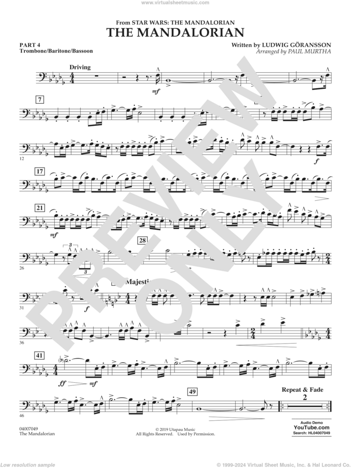The Mandalorian (from Star Wars: The Mandalorian) (arr Paul Murtha) sheet music for concert band (trombone/bar. b.c./bsn.) by Ludwig Göransson and Paul Murtha, intermediate skill level