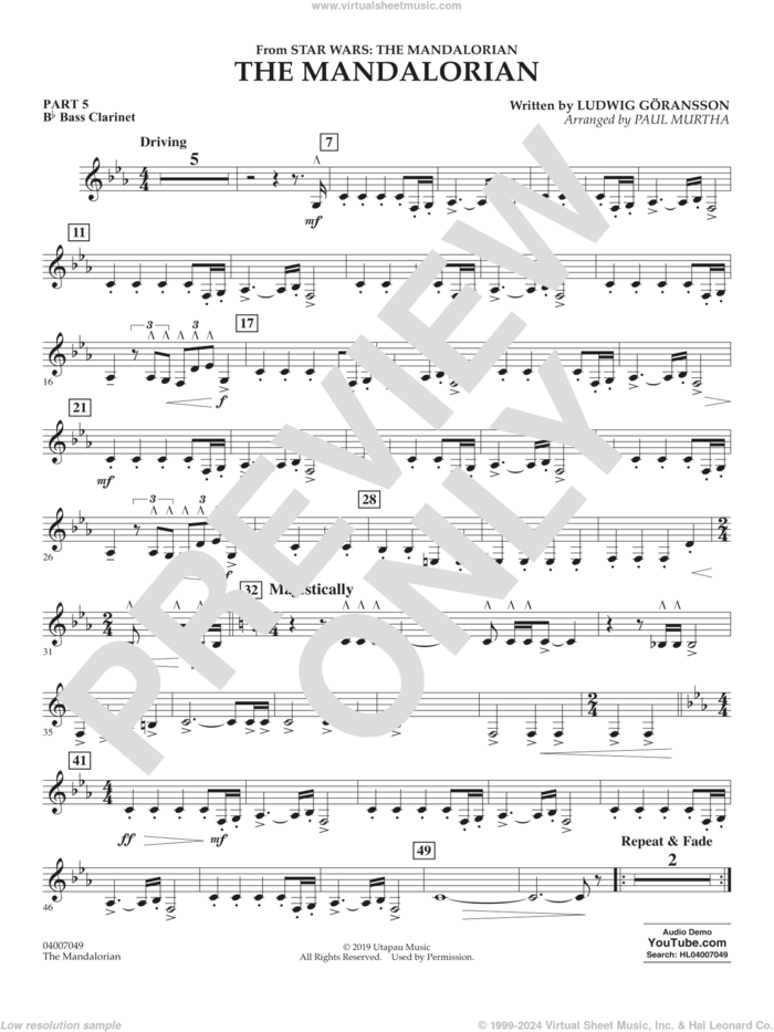 The Mandalorian (from Star Wars: The Mandalorian) (arr Paul Murtha) sheet music for concert band (pt.5 - Bb bass clarinet) by Ludwig Göransson and Paul Murtha, intermediate skill level