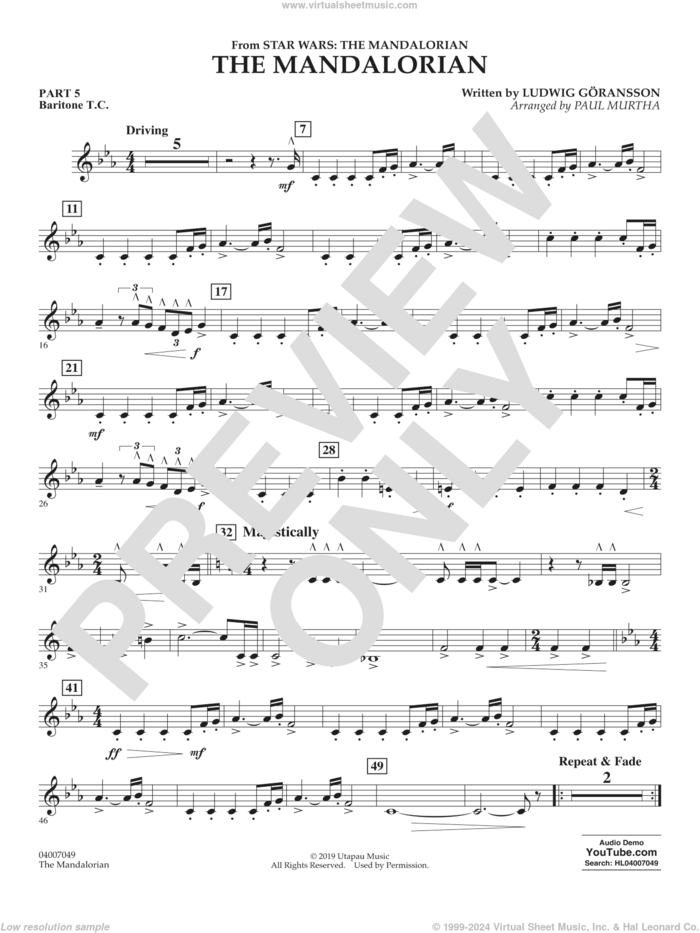 The Mandalorian (from Star Wars: The Mandalorian) (arr Paul Murtha) sheet music for concert band (pt.5 - baritone t.c.) by Ludwig Göransson and Paul Murtha, intermediate skill level